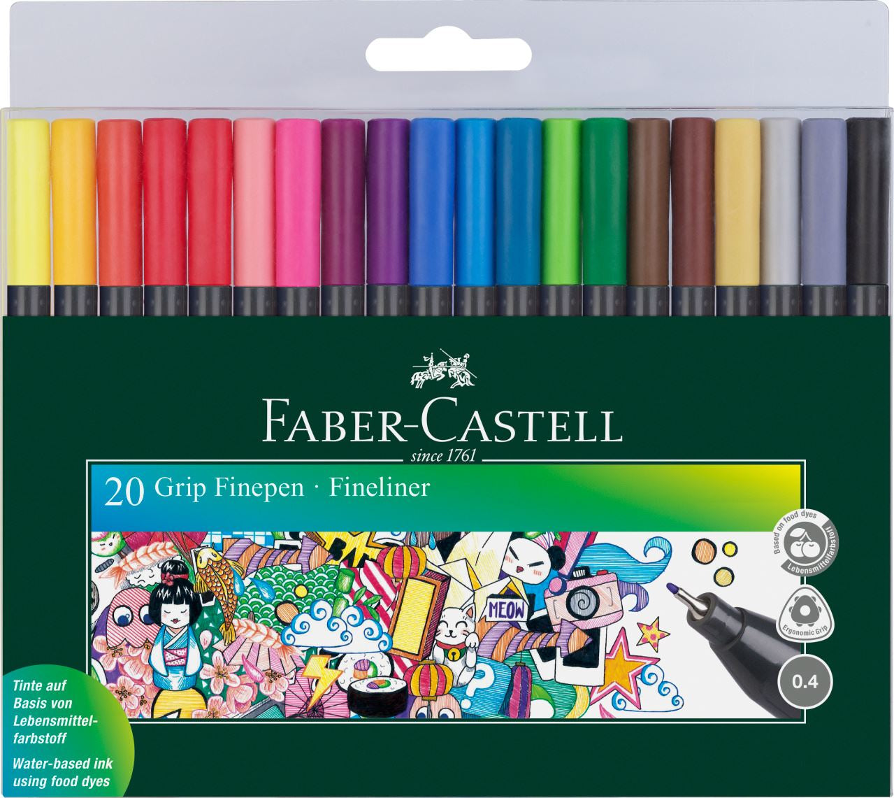 Faber-Castell Grip Fineliner Etui – 20 Stk., 0,4 mm, sortiert