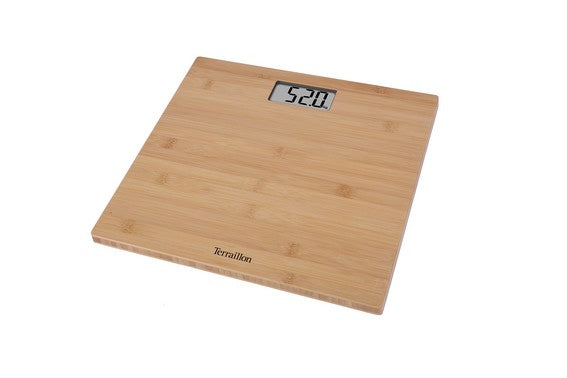 Terraillon Universalwaage Bamboo – Tragkraft 150 kg, Teilung 100 g, Wiegefläche 30 × 30 cm, Batterie, Bambus