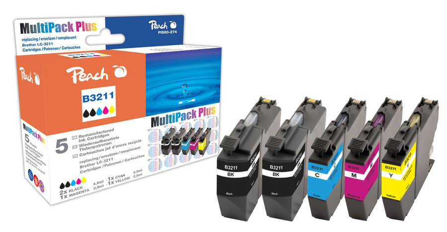 Peach LC-3211 Tintenpatronen-Multipack, Schwarz/Cyan/Magenta/Gelb (Kompatibel) – für Brother DCPJ/MFCJ-Modelle