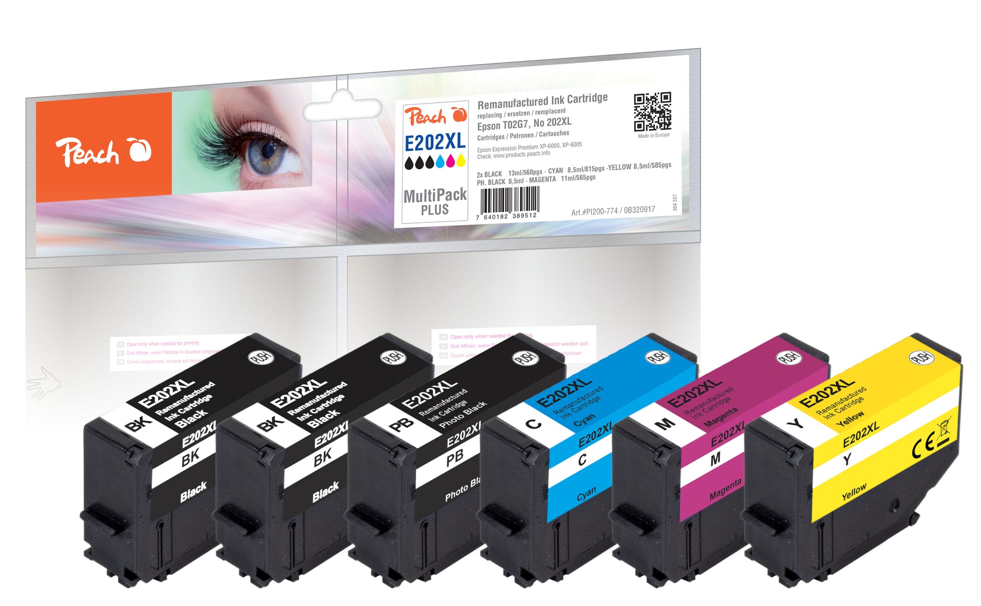 Peach Tintenpatronen-Multipack 202XL (PI200-774), XL, 6er-Pack – für Epson XP-6000, XP-6005, XP-6100 und andere
