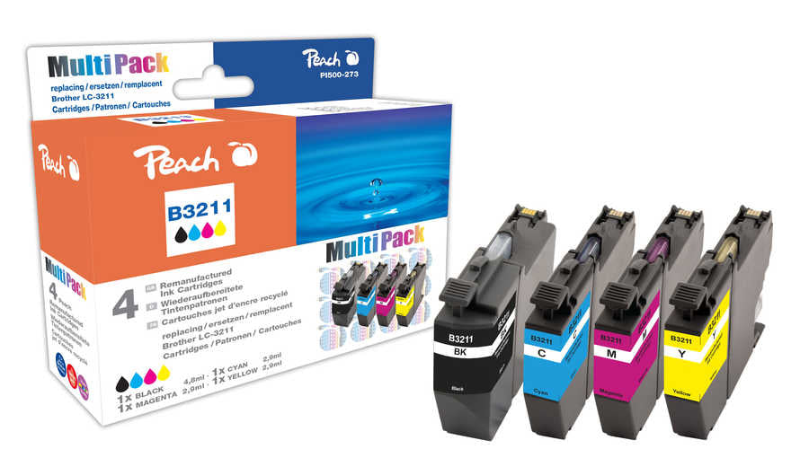 Peach LC-3211 Tintenpatronen-Multipack, Schwarz/Cyan/Magenta/Gelb (Kompatibel) – für DCPJ 572/770, MFCJ 490 …