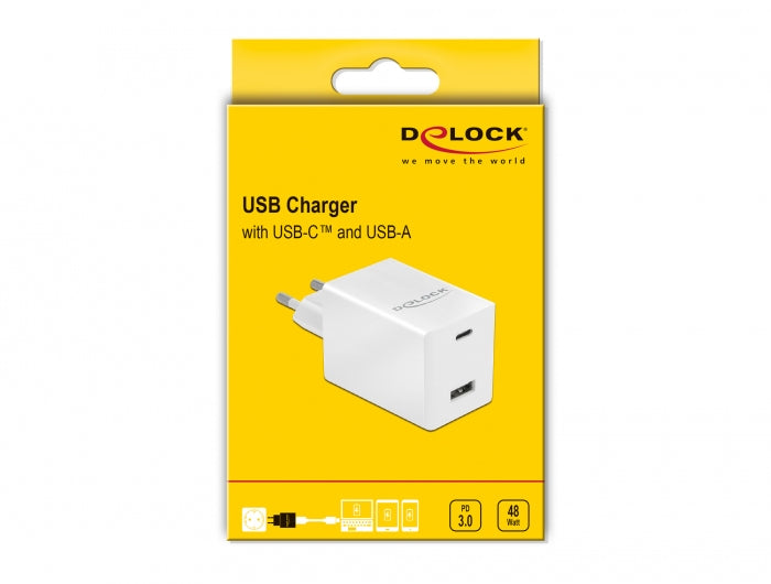 DeLOCK USB-Ladegerät 48 W – USB-C×1, USB-A×1 – PD 3.0, GaN, EU-Stecker (Typ C)