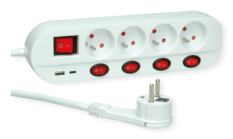 ROLINE Steckdosenleiste – 4× UTE (Typ E), USB‑A/C, 1,5 m, mit Schalter, Weiss