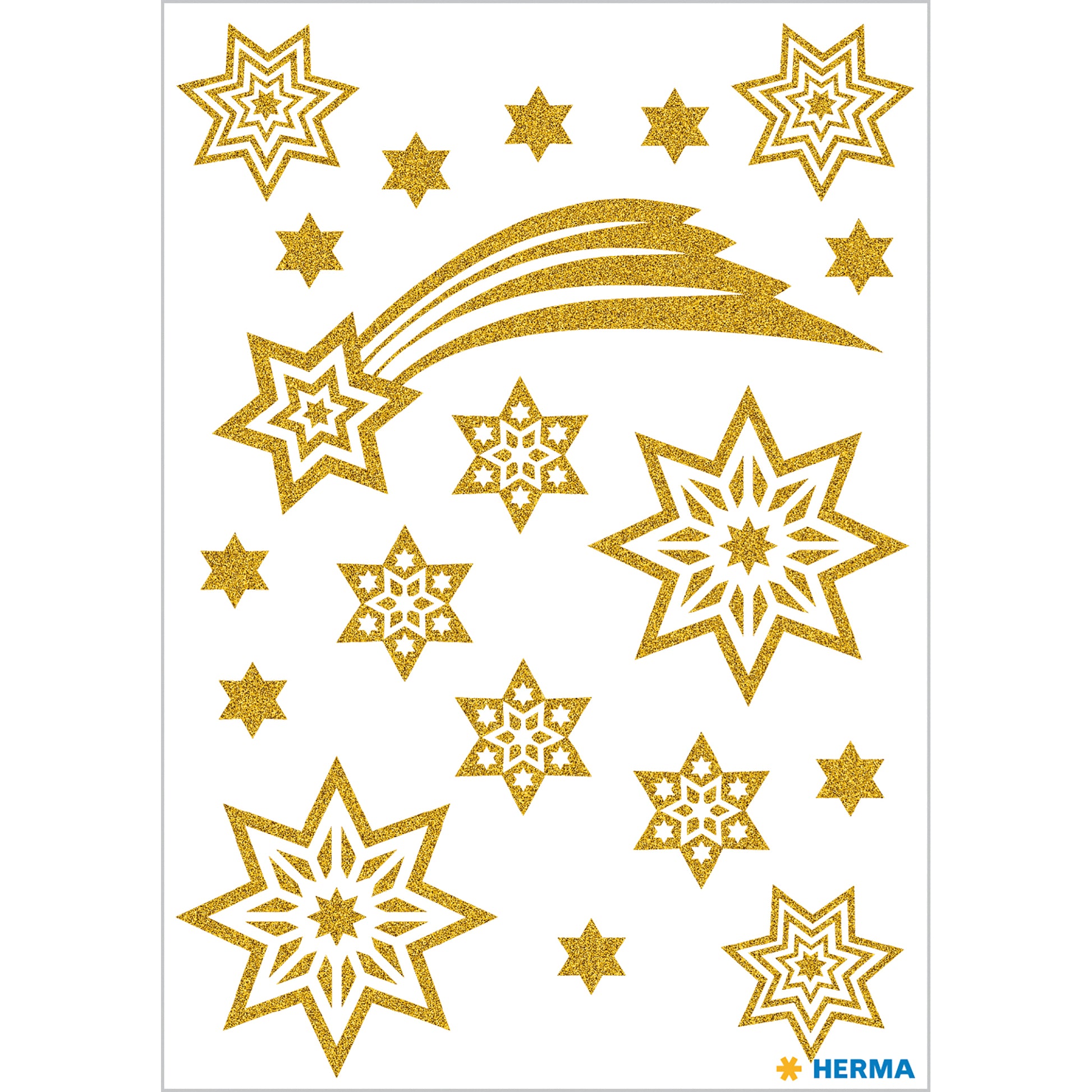HERMA Schmucketiketten Sterne und Schweif – 19 Stück – permanent – gold – 84×120 mm