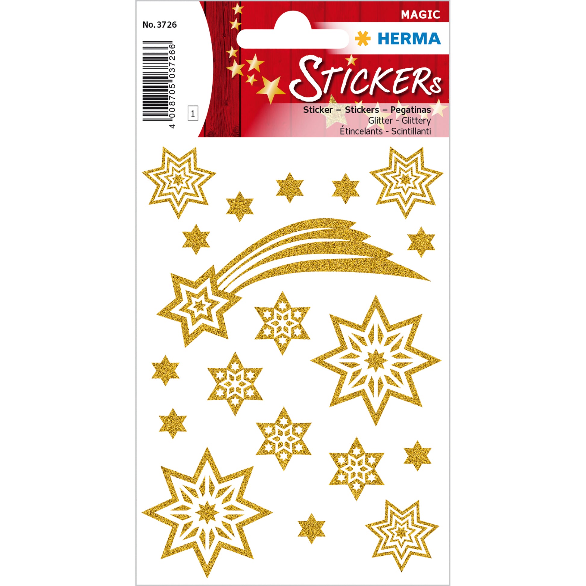 HERMA Schmucketiketten Sterne und Schweif – 19 Stück – permanent – gold – 84×120 mm