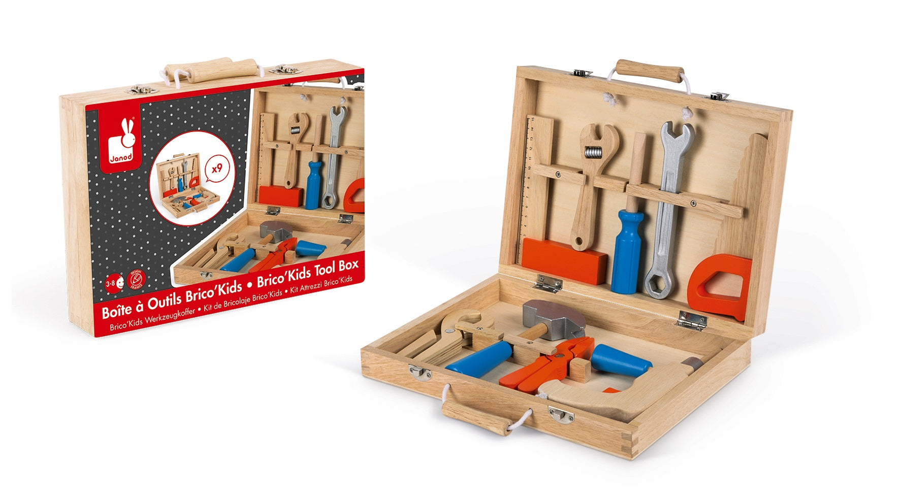 JANOD BricoKids Werkzeugkoffer – 9-teilig – ab 3 Jahren – Holz