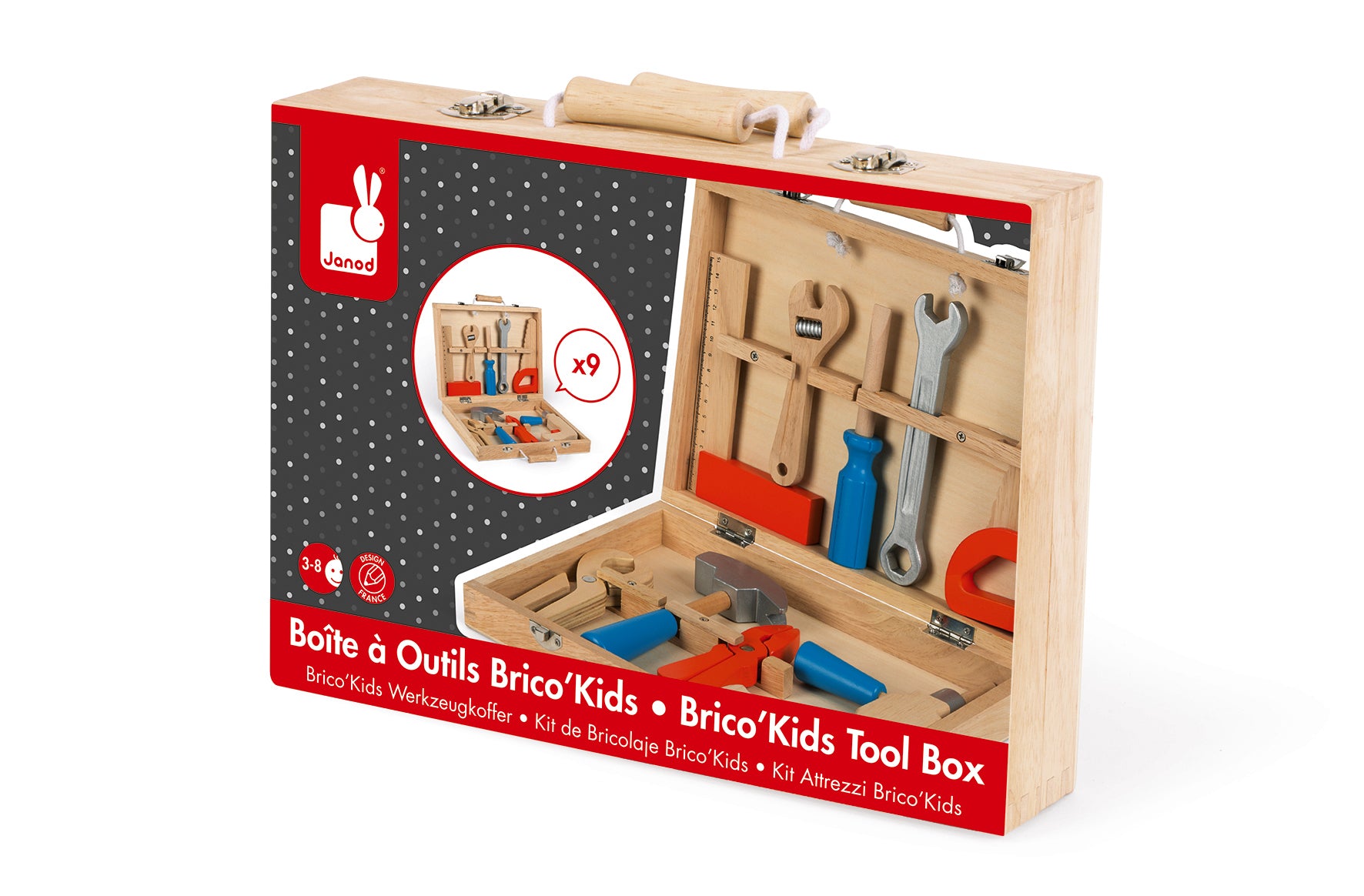 JANOD BricoKids Werkzeugkoffer – 9-teilig – ab 3 Jahren – Holz