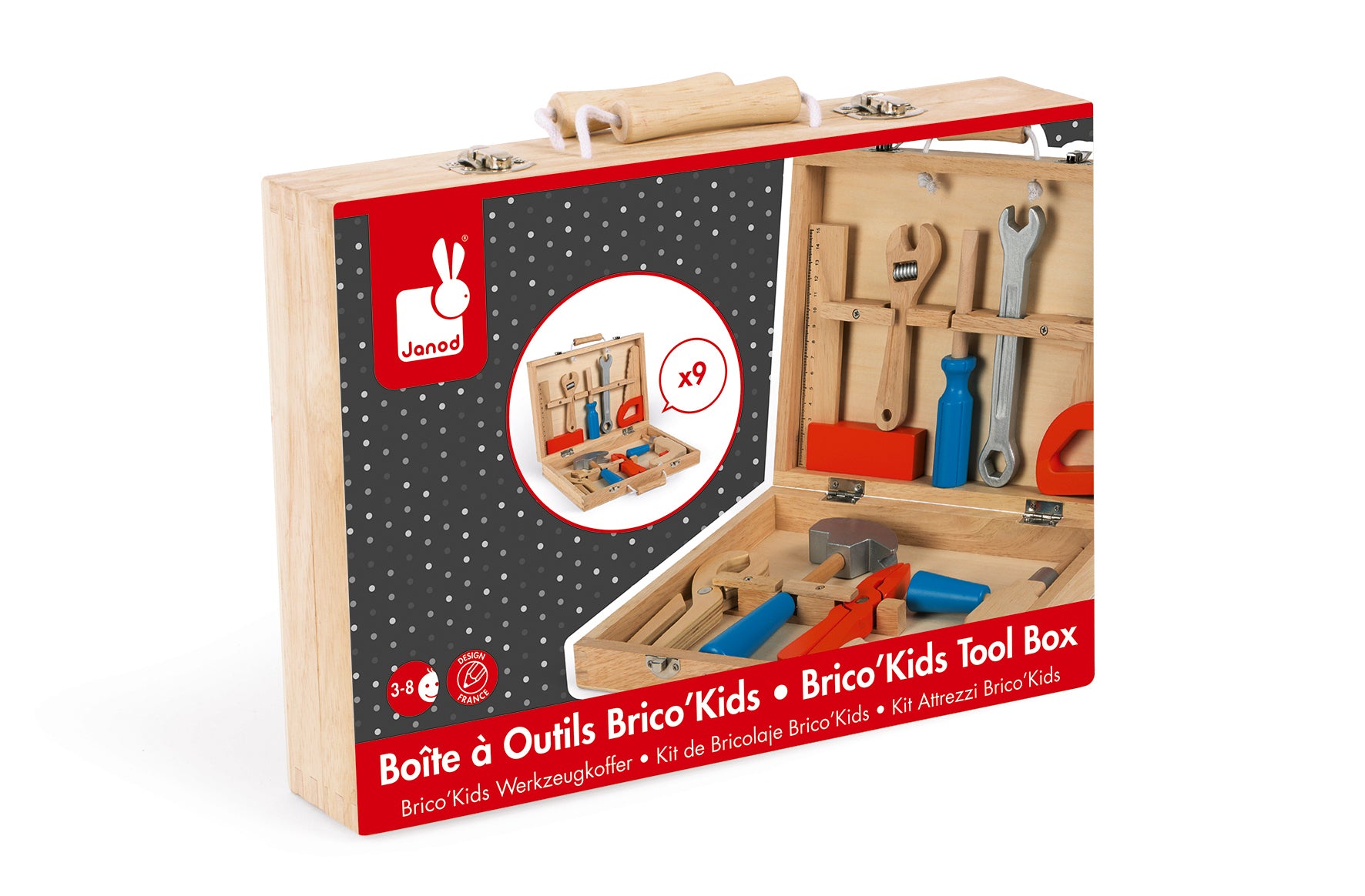 JANOD BricoKids Werkzeugkoffer – 9-teilig – ab 3 Jahren – Holz