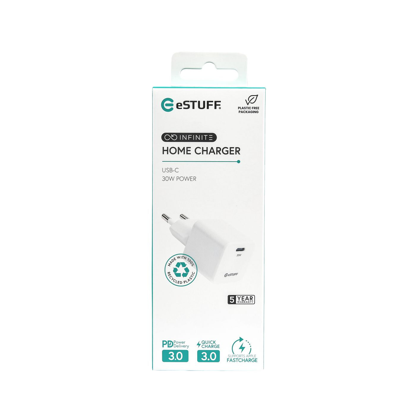 eSTUFF INFINITE (GRS) USB-Ladegerät 30 W – USB-C×1 – PD 3.0, QC 3.0, GaN – EU-Stecker (Typ C) – Weiss