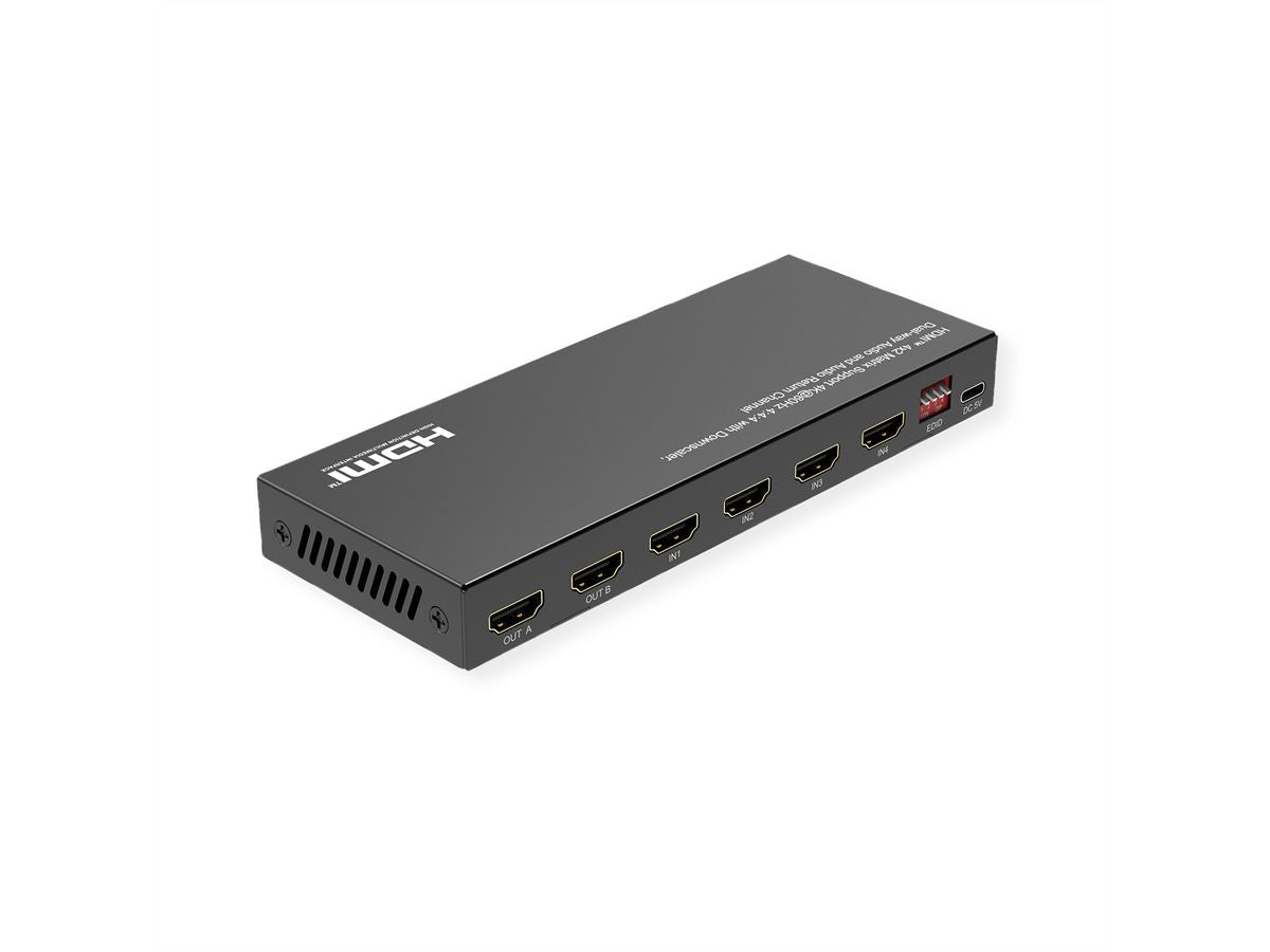 VALUE HDMI Matrix 4×2, 4K@60 Hz, HDCP 2.2, EDID, Toslink, Downscale, IR-Fernbedienung