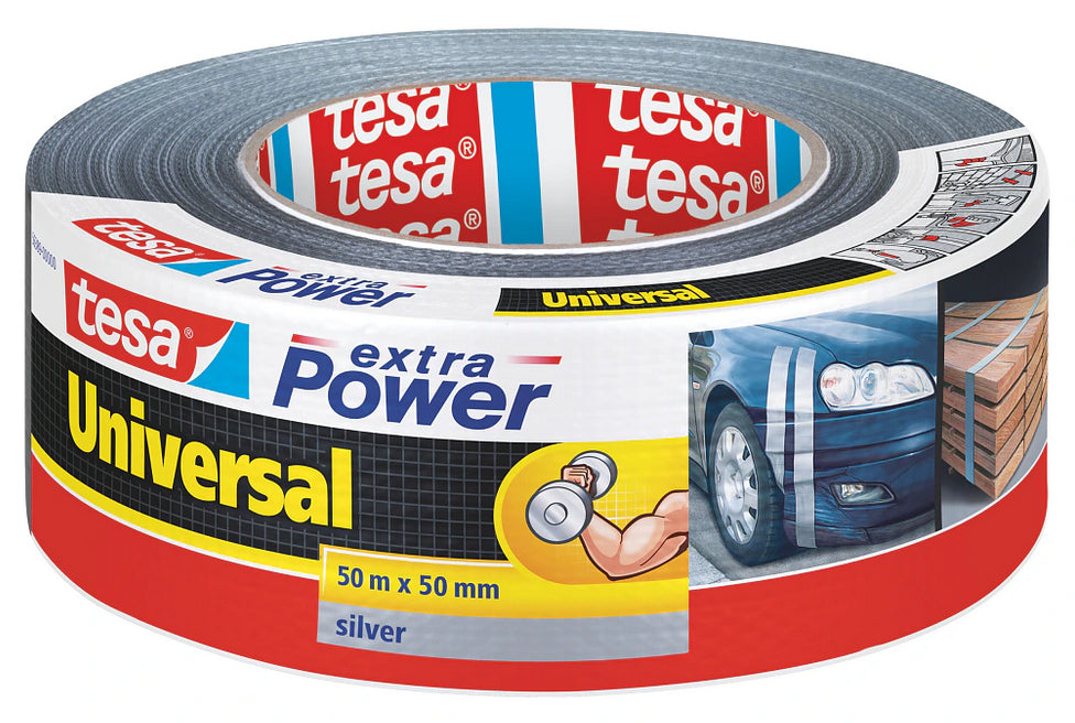 tesa Gewebeband Extra Power Universal – 50 mm × 50 m, silber, extra stark, recycelt
