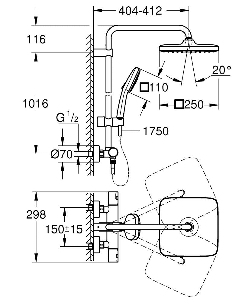 GROHE Duschsystem Vitalio – 113,2 cm, Messing, Aufputz-Thermostat, Schwarz