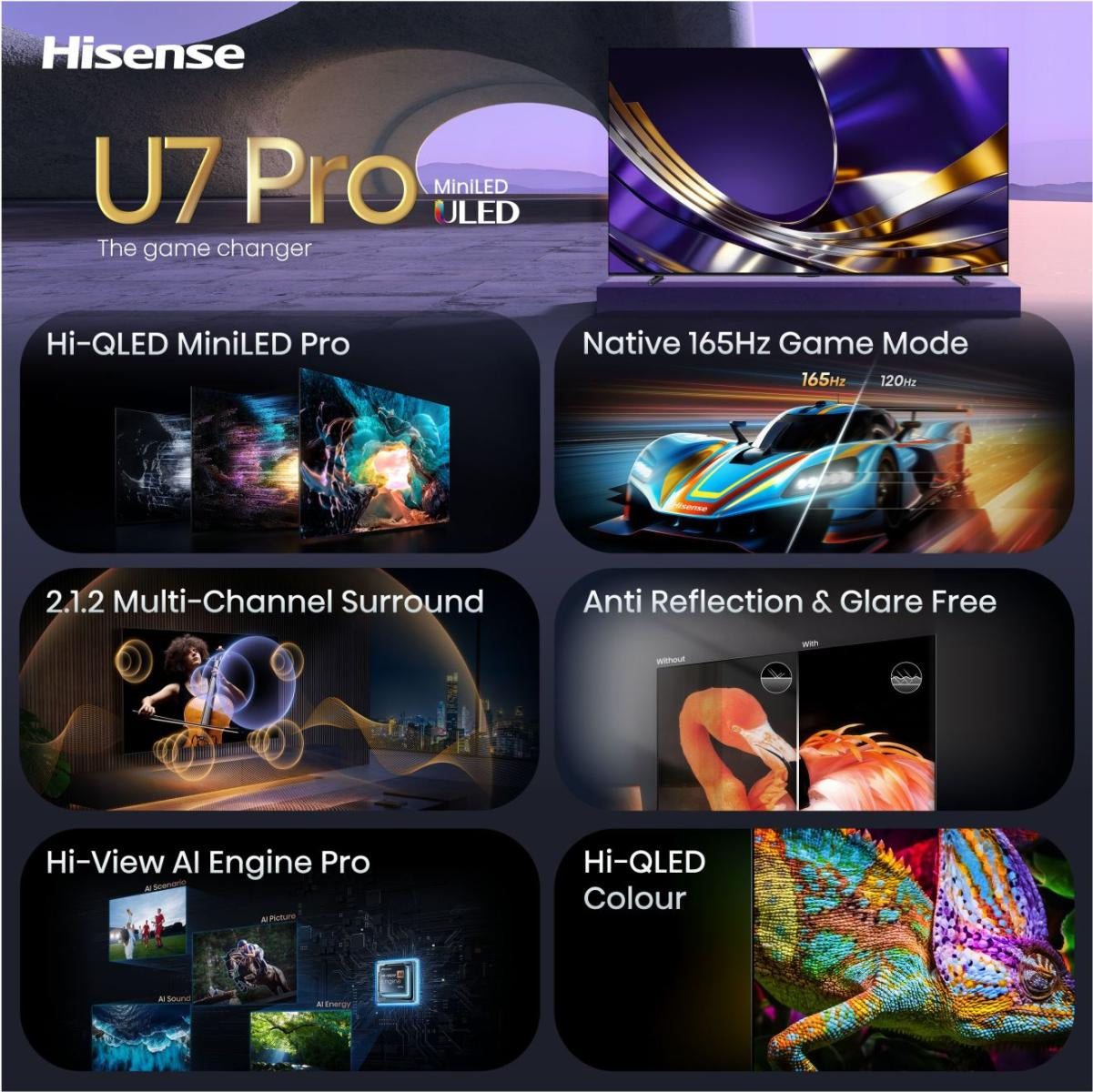 Hisense 100U7DS PRO – 100" Mini-LED TV – 4K UHD – VIDAA Smart OS – 165 Hz – 2400 cd/m²