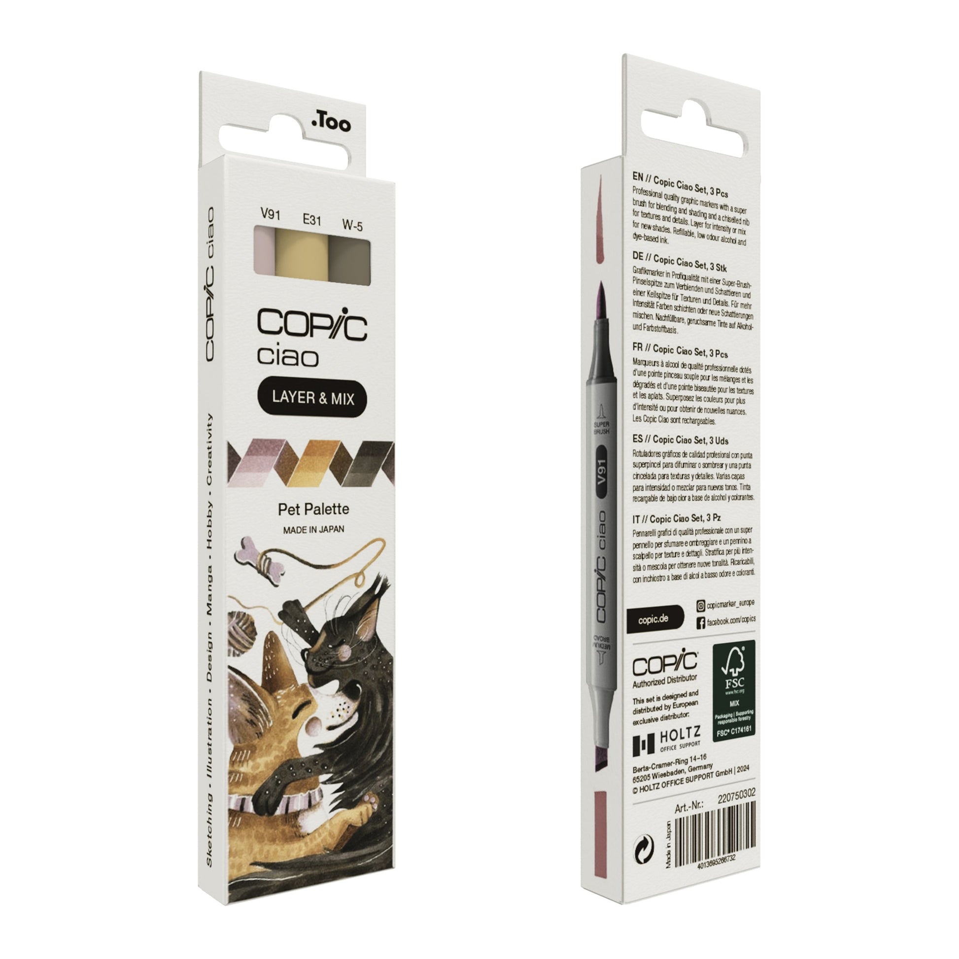 Copic Ciao Pinselstift, Doppelspitze, Pet Palette – Kombi, alkoholbasiert, 3 Farben