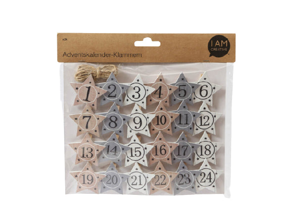 I am Creative Adventskalenderklammern – Holz, Braun/Grau/Weiss – 24 Stk.