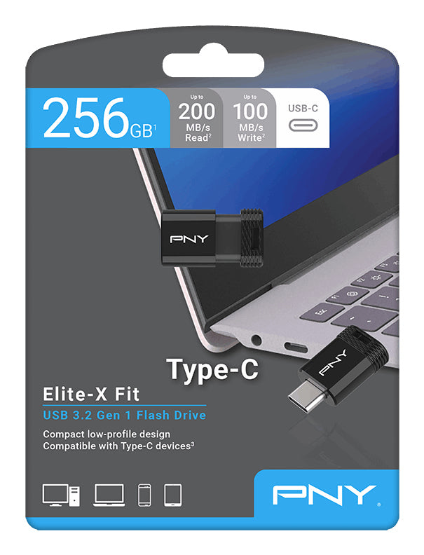 PNY Elite-X Fit USB-Stick 256 GB – USB-C USB 3.2 Gen 1, 200/100 MB/s, Dia, Schwarz