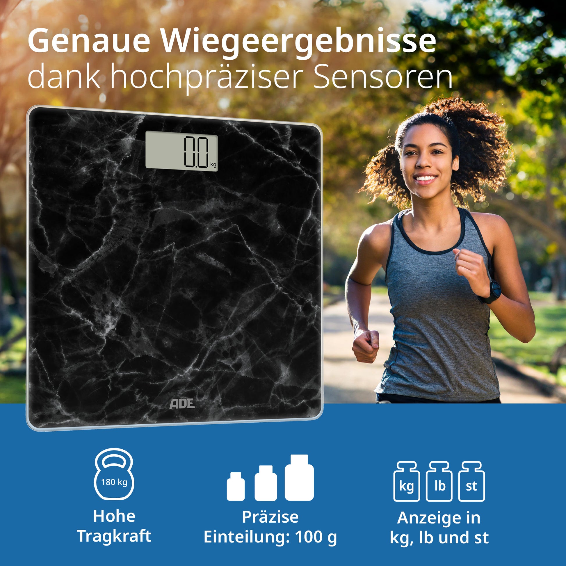 ADE Paketwaage Amina Marmor – Tragkraft 180 kg, Teilung 100 g, Wiegefläche 30 × 30 cm, Batterie, Glas