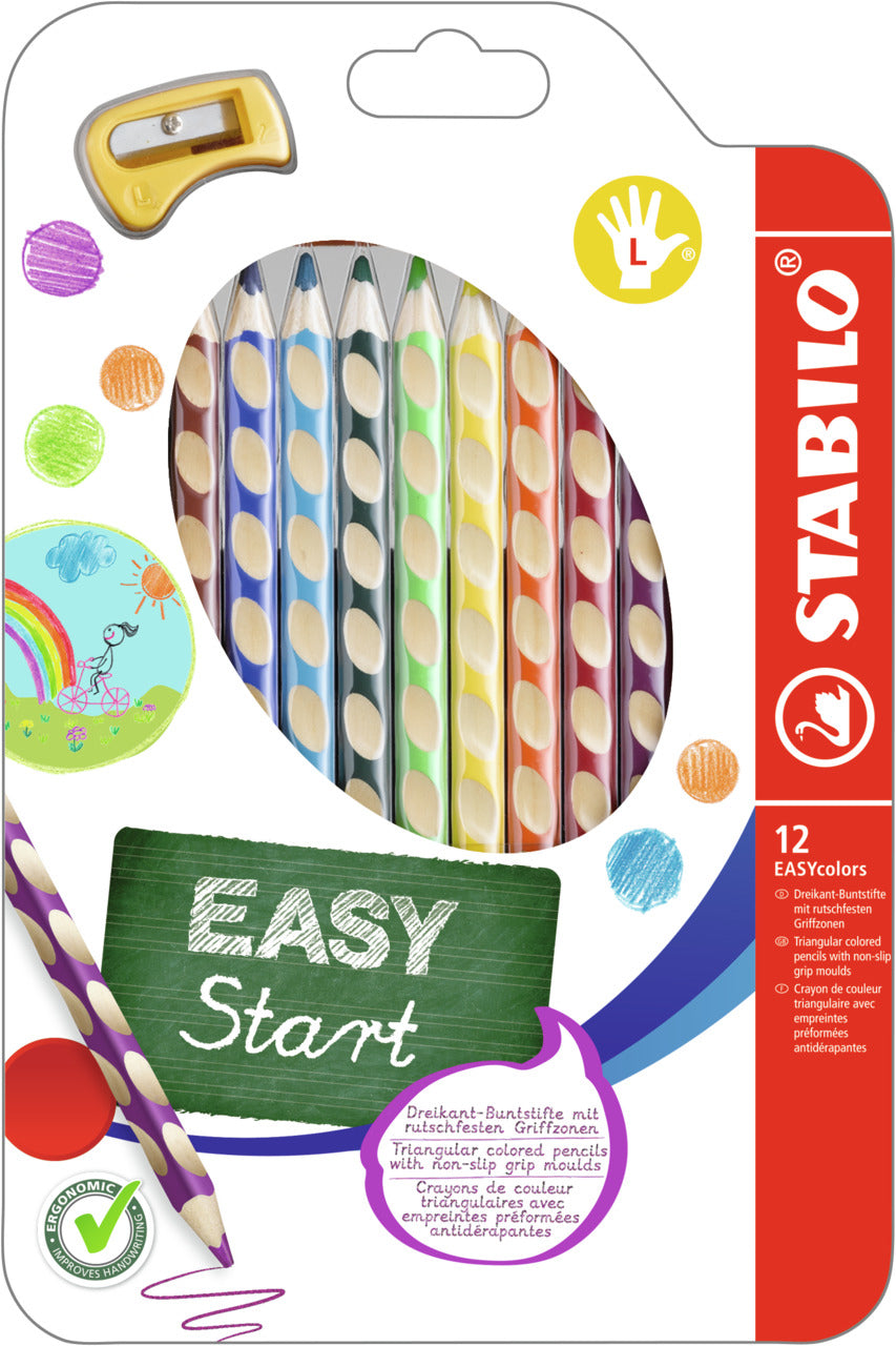 STABILO Buntstifte EASYcolors L – Dreikant, Minen-Ø 4,2 mm, 12 Farben, im Kartonetui, mit Spitzer