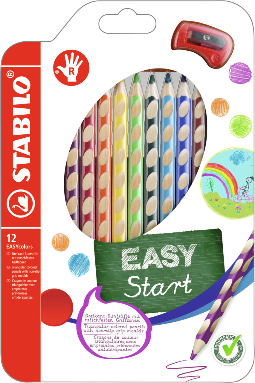 STABILO Buntstifte EASYcolors – Dreikant, Minen-Ø 4,2 mm, 12 Farben, im Karton-Etui, mit Spitzer