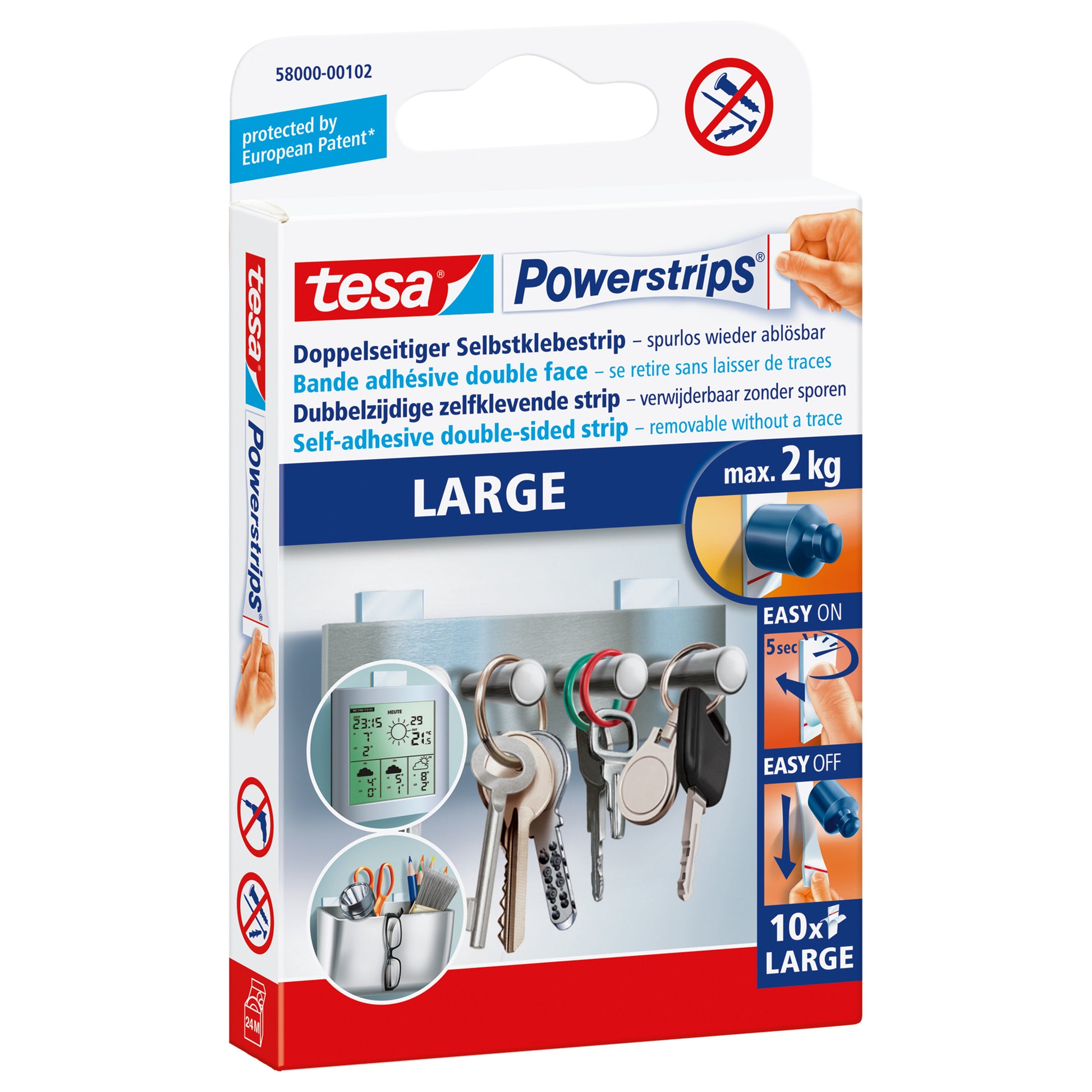 TESA Powerstrips Grosse Montagestreifen – für diverse Oberflächen, weiss, bis 2 kg, 10 Stk., Innen