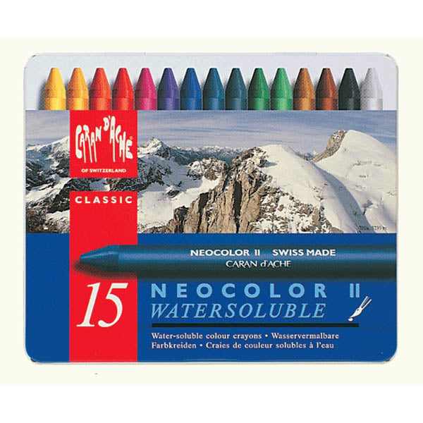 Caran d-Ache Caran d'Ache Neocolor II Aquarellfarbstifte-Set – 15 Farben, Mine Ø 8,6 mm, Metallschachtel