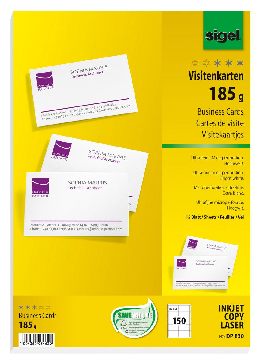 Sigel Visitenkarten, 85 × 55 mm – A4, 10 pro Blatt – 150 Karten – FSC-zertifiziert, beidseitig bedruckbar