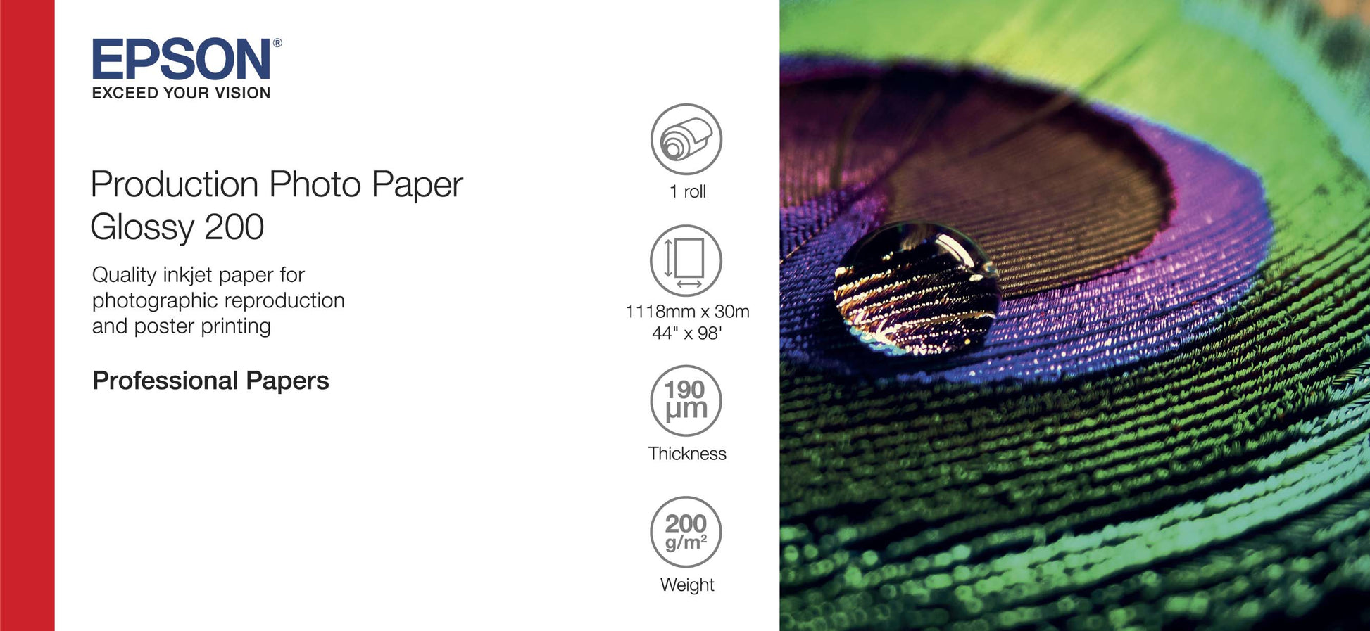 Epson Fotopapier glänzend – 1'118 mm × 30 m – 200 g/m² – Kern 2″ – für SureColor SC‑P9500, SC‑P9000 und andere
