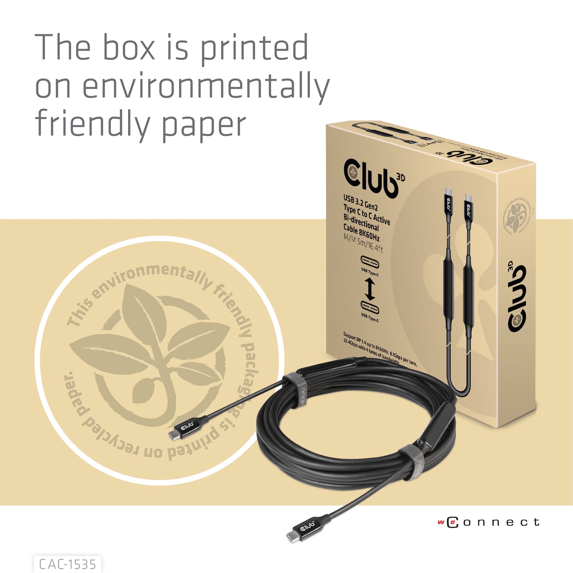 CLUB3D Club 3D – USB-C auf USB-C Kabel – USB 3.2 Gen 2 (10 Gbit/s) – 5 m – PD 60 W – 8K/60 – Aktiv – Schwarz