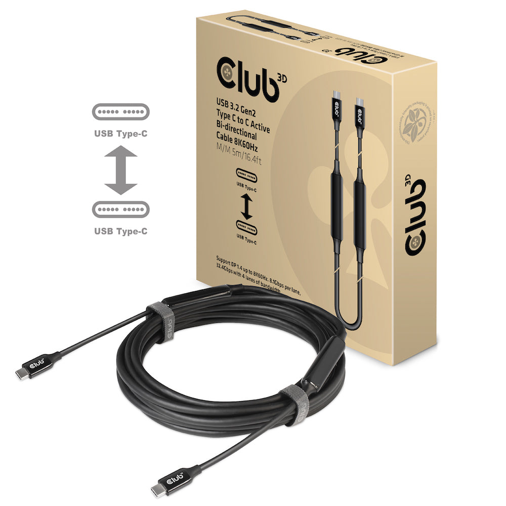 CLUB3D Club 3D – USB-C auf USB-C Kabel – USB 3.2 Gen 2 (10 Gbit/s) – 5 m – PD 60 W – 8K/60 – Aktiv – Schwarz