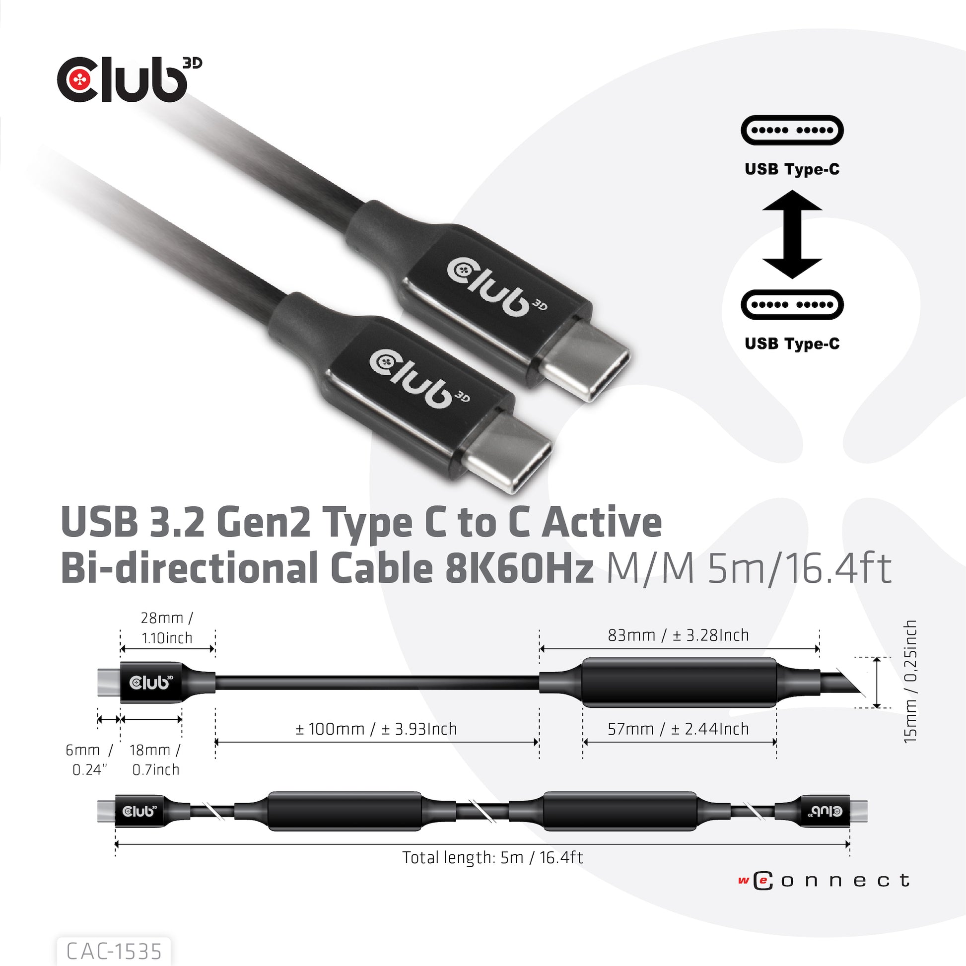 CLUB3D Club 3D – USB-C auf USB-C Kabel – USB 3.2 Gen 2 (10 Gbit/s) – 5 m – PD 60 W – 8K/60 – Aktiv – Schwarz