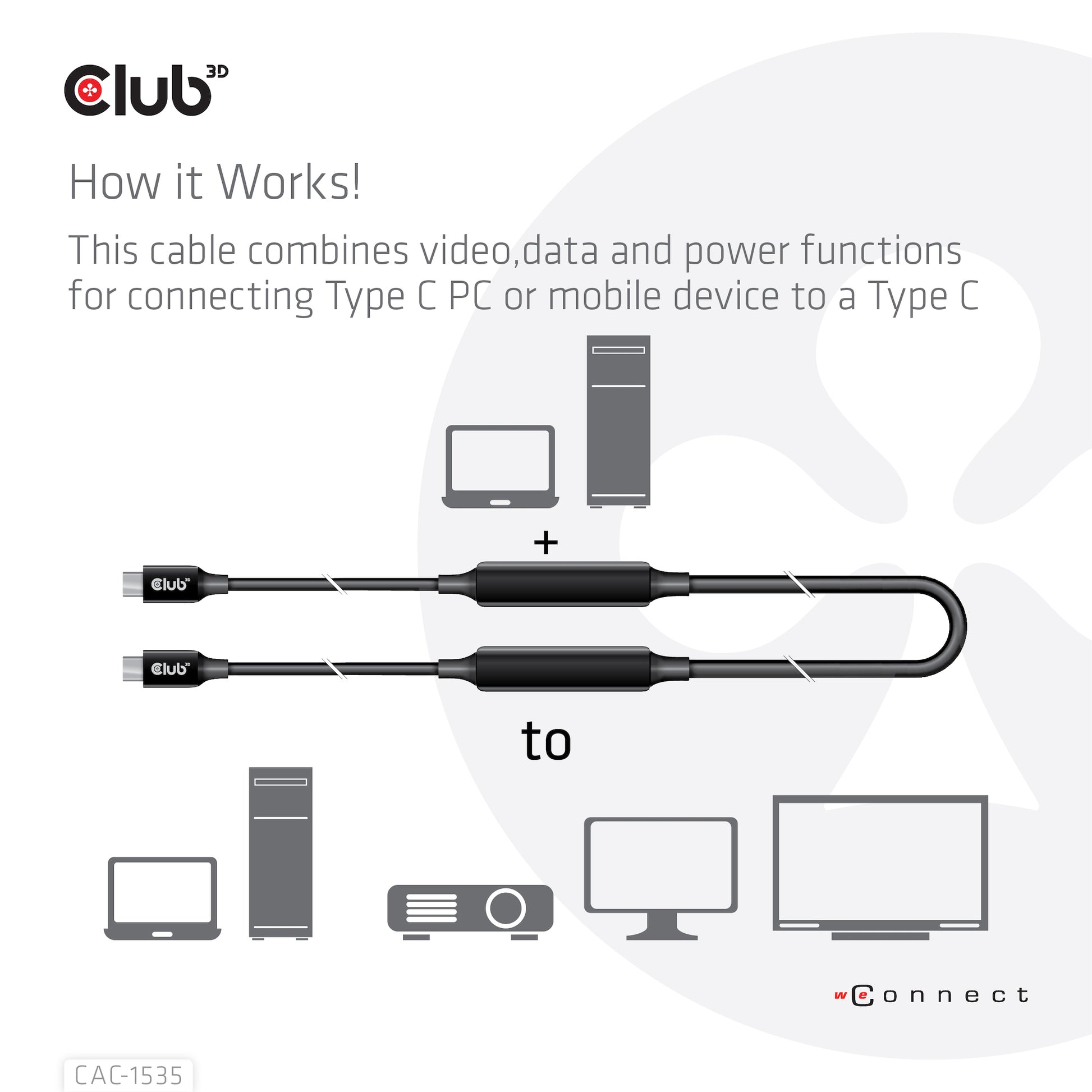 CLUB3D Club 3D – USB-C auf USB-C Kabel – USB 3.2 Gen 2 (10 Gbit/s) – 5 m – PD 60 W – 8K/60 – Aktiv – Schwarz