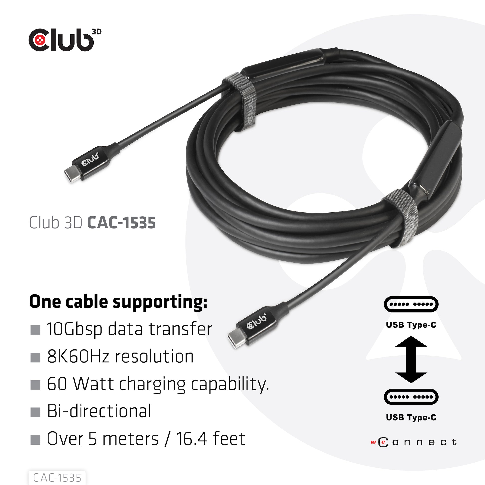 CLUB3D Club 3D – USB-C auf USB-C Kabel – USB 3.2 Gen 2 (10 Gbit/s) – 5 m – PD 60 W – 8K/60 – Aktiv – Schwarz