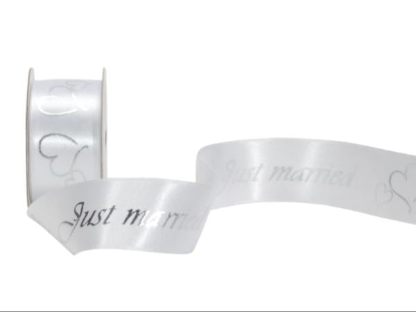 Spyk Geschenkband Cubino Just Married weiss/silber – 25 mm × 3 m