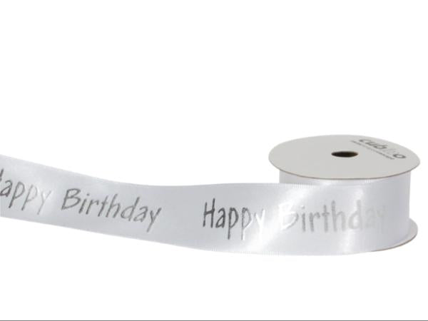 Spyk Geschenkband Cubino Happy Birthday Silber/Weiss – 25 mm × 3 m