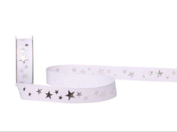 Spyk Geschenkband Cubino Étoiles mit Muster Weiss/Silber – 16 mm × 3 m – Weihnachten