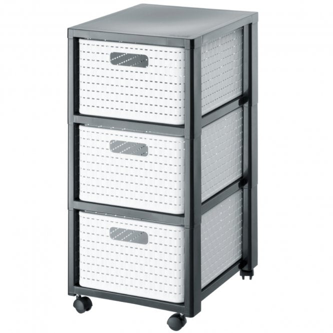 Rotho Tower Country Schubladenturm 3 Schubladen – 18 l – für A4 – mit Rollen – Weiss – 325 × 712 × 375 mm