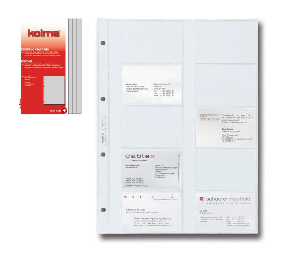 Kolma Sichtmappe A4 – Ersatztaschen, Transparent, Kunststoff, für Visitenkarten 86×54 mm, 5er-Pack