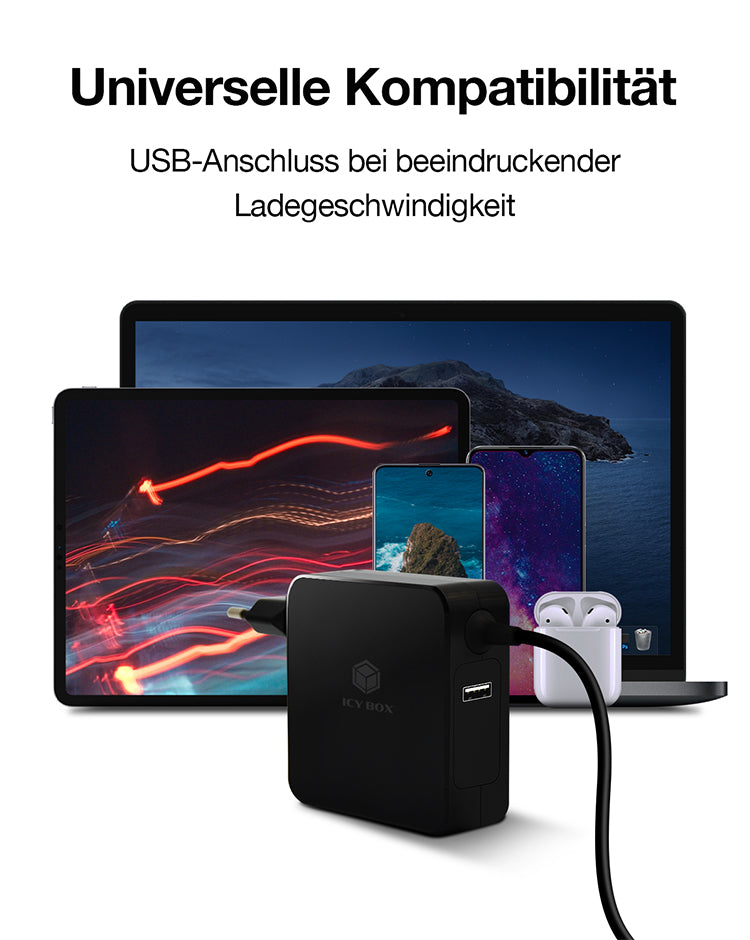 ICY BOX IB-PS101-PD USB-Ladegerät 90 W – USB-C×1, USB-A×1 – PD 3.0 – EU-Stecker (Typ C) – Schwarz