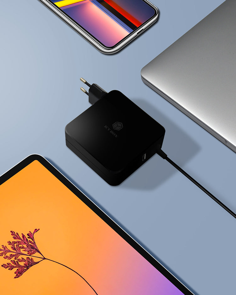 ICY BOX IB-PS101-PD USB-Ladegerät 90 W – USB-C×1, USB-A×1 – PD 3.0 – EU-Stecker (Typ C) – Schwarz