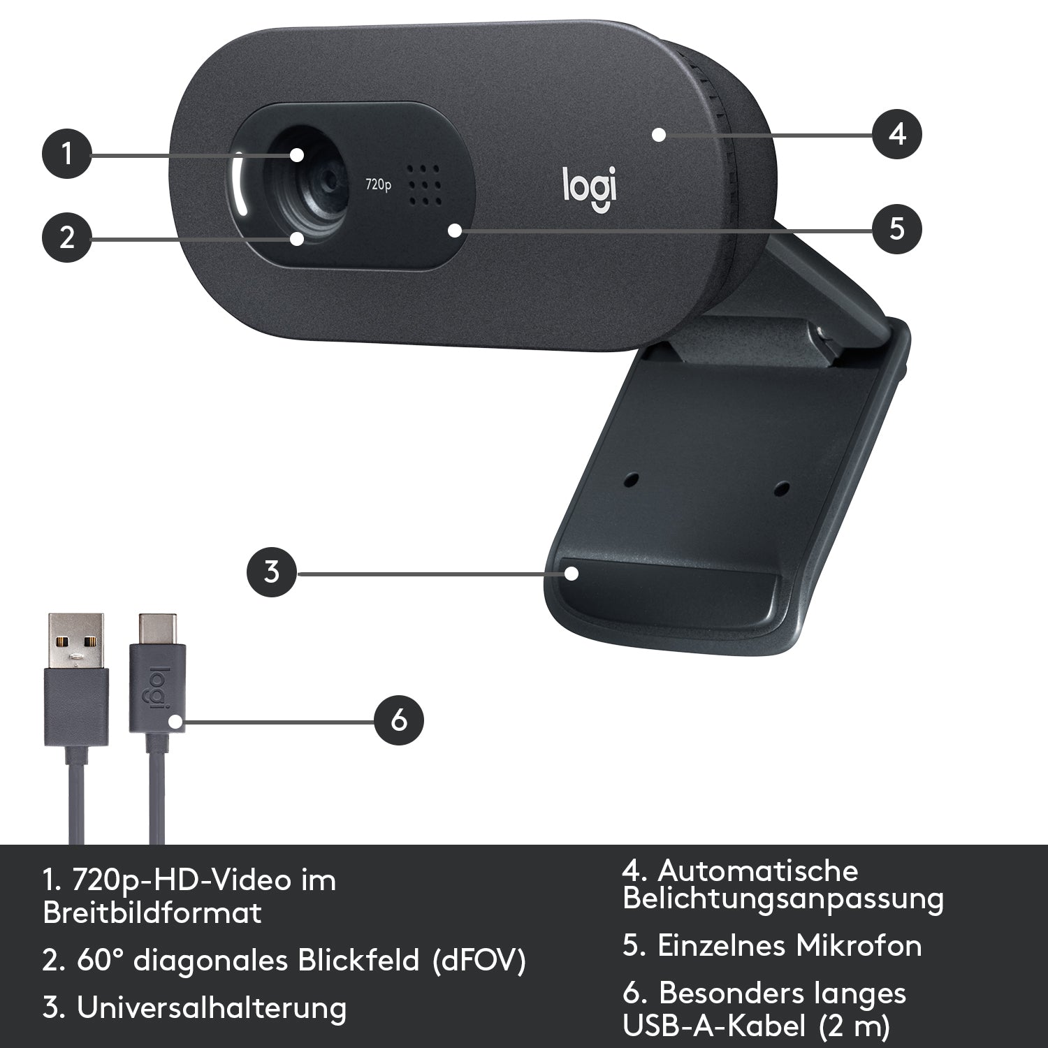 Logitech C505 Webcam – HD 720p, 30 fps, USB-A – Graphit