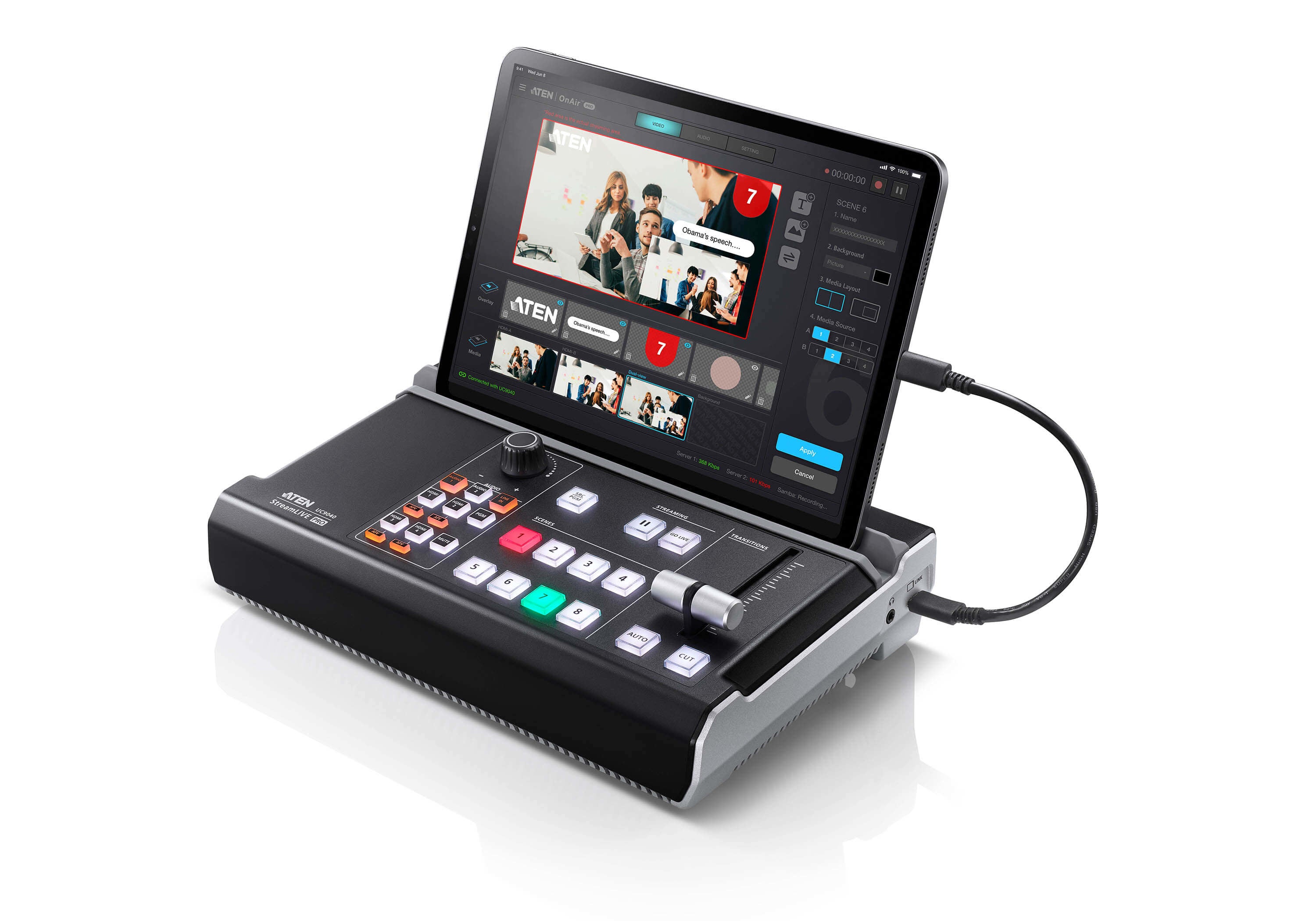 ATEN UC9040 – AV-Mischer, 4× HDMI-Eingänge, 2× HDMI-Ausgänge, 4K@60 Hz, Streaming & Aufnahme, für YouTube/Twitch