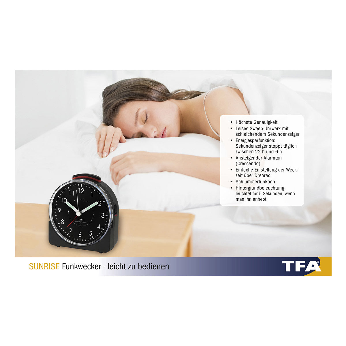 TFA-Dostmann TFA Dostmann SUNRISE Funk-Wecker – Funk, analog, Schlummerfunktion, 10,2 × 11 × 4,6 cm, Schwarz, Kunststoff