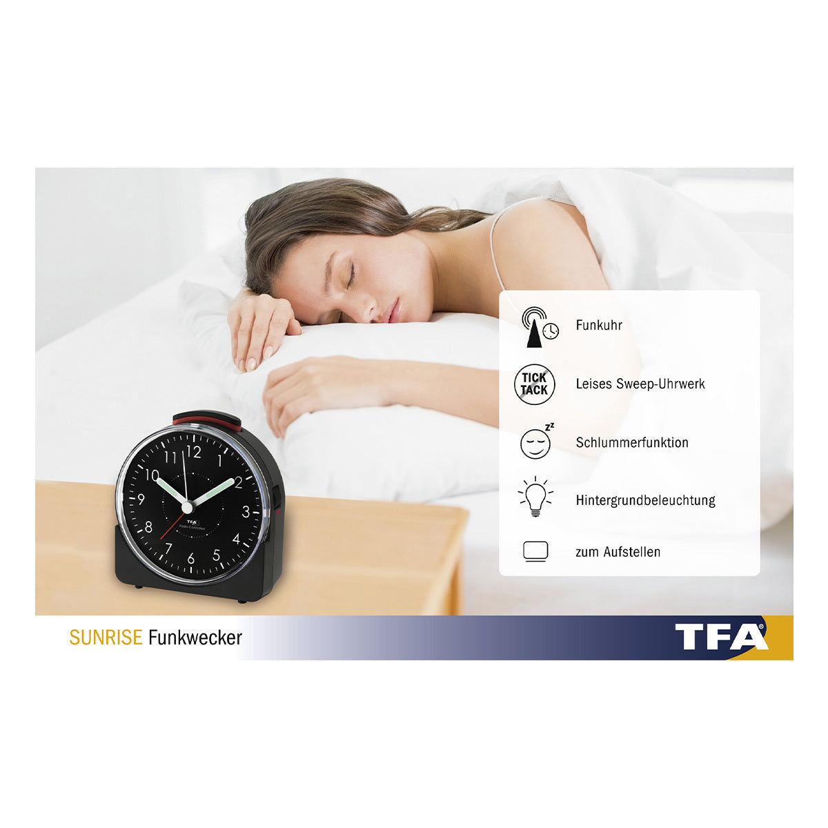 TFA-Dostmann TFA Dostmann SUNRISE Funk-Wecker – Funk, analog, Schlummerfunktion, 10,2 × 11 × 4,6 cm, Schwarz, Kunststoff