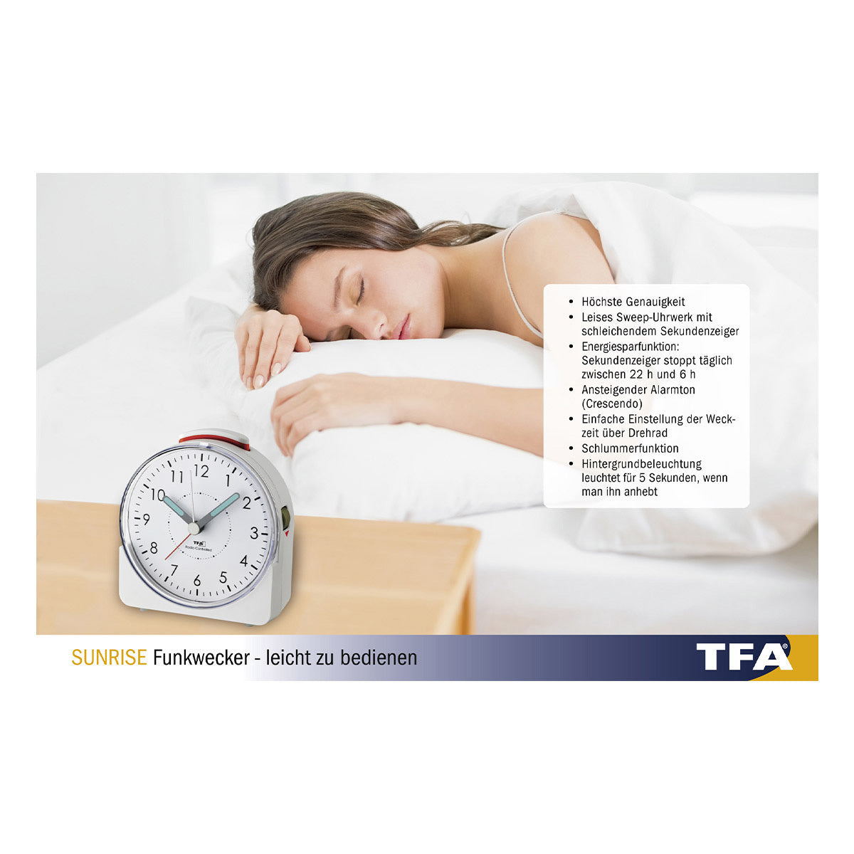 TFA-Dostmann TFA Dostmann SUNRISE Funk-Wecker – Analog, Schlummerfunktion, 10,2 × 11,0 × 4,6 cm, Weiss, Kunststoff