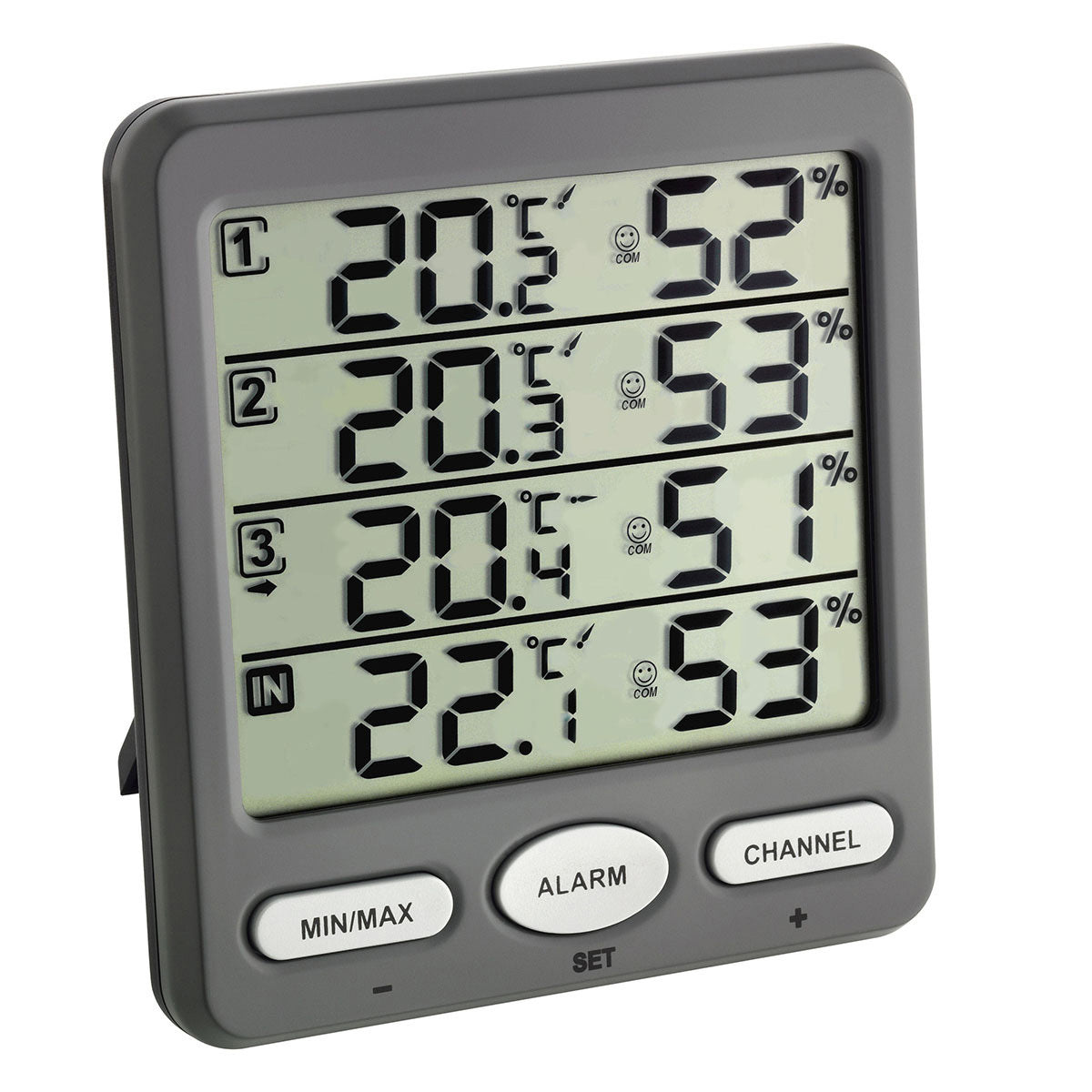 TFA-Dostmann Luftreiniger-Zubehör – Klima-Monitor (Funk-Thermo-Hygrometer), 3 Sender, Grau
