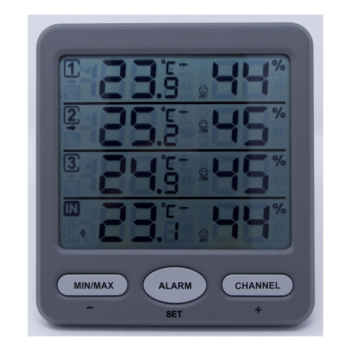 TFA-Dostmann Luftreiniger-Zubehör – Klima-Monitor (Funk-Thermo-Hygrometer), 3 Sender, Grau