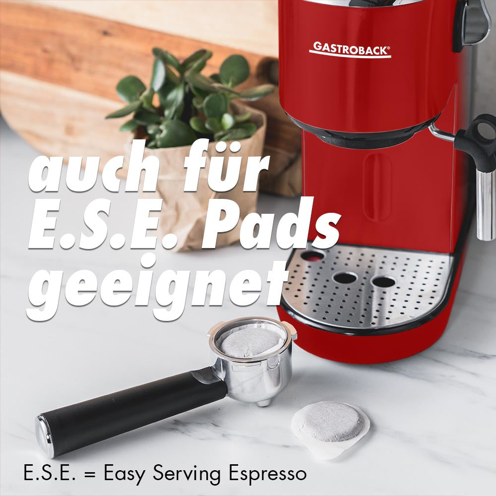 Gastroback Espressomaschine (Siebträger) – 19 bar, 1,5 l, Milchaufschäumer, Rot, 15 × 30,8 × 30 cm