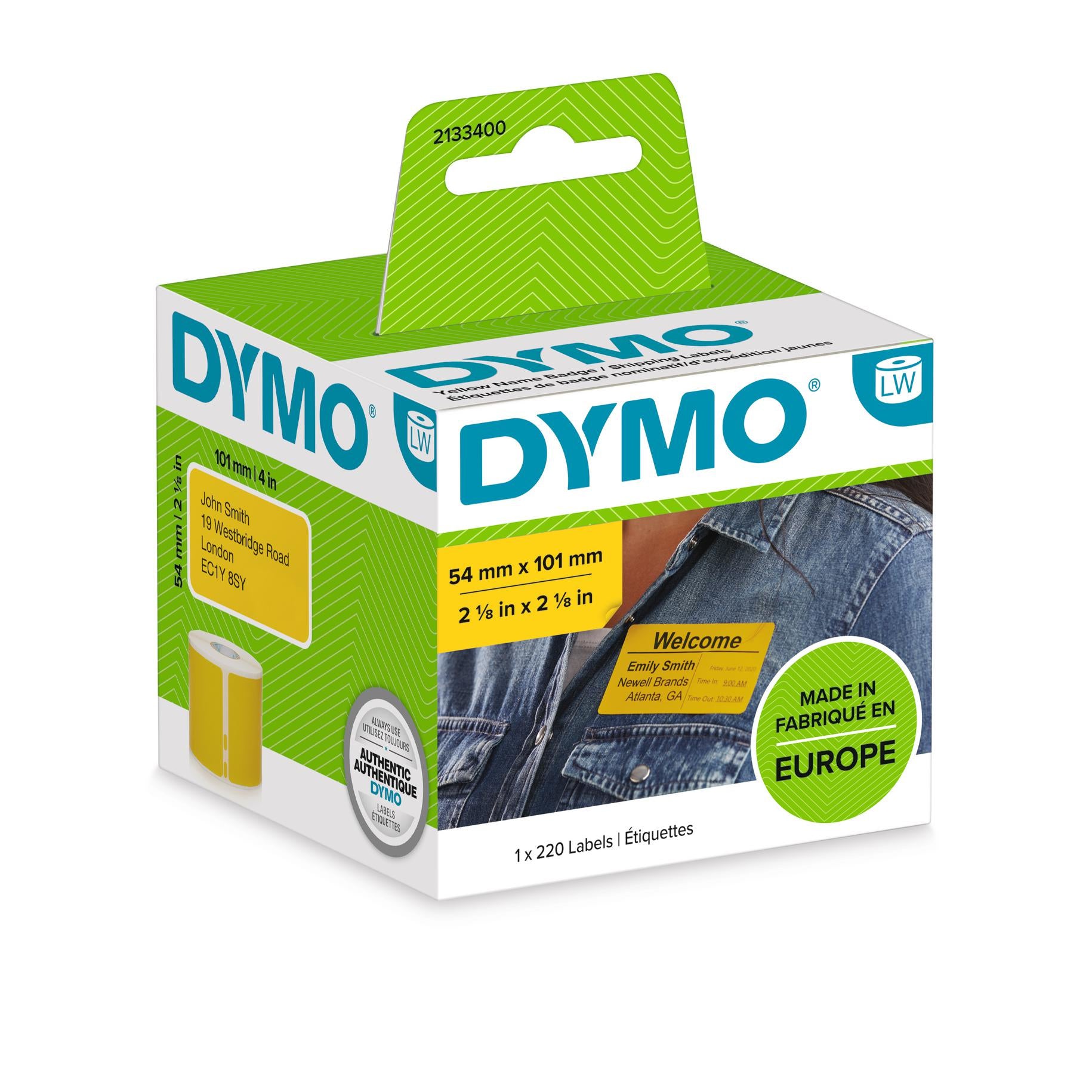 DYMO Adress-Etiketten, 54 mm × 101 mm, gelb/schwarz, für LabelWriter, 1 Rolle (220 Etiketten)
