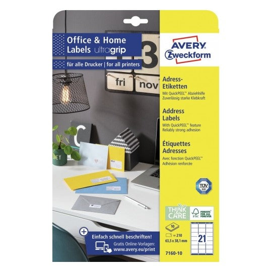 Avery Adressetiketten, 63,5 mm × 38,1 mm, weiss, Papier, permanent, 10 Blätter (210 Etiketten)