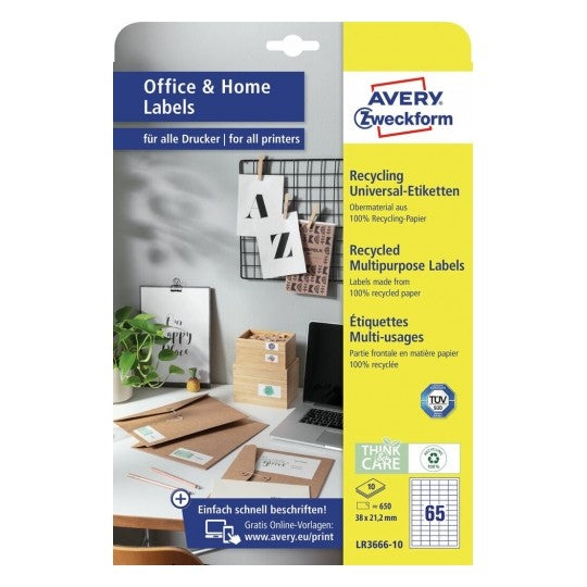 Avery Etiketten, 38 mm × 21 mm, naturweiss, Altpapier, permanent, 10 Blätter (650 Etiketten)